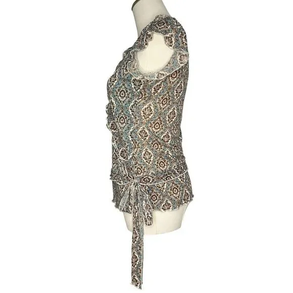 DKNY Women’s Petite Small V-Neck Top Brown Teal Ruffle Tie Y2K - Picture 3 of 7